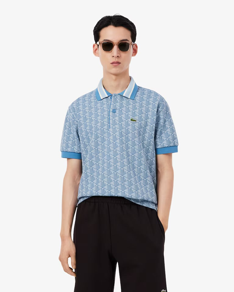 LACOSTE Polo Linea Monogram in Tessuto Jacquard Azzurra