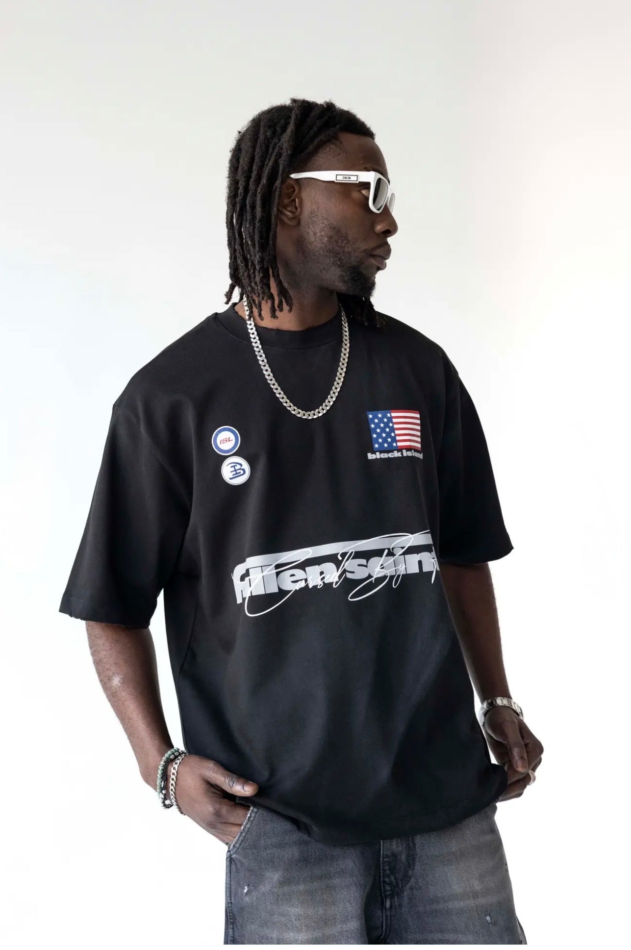 BLACK ISLAND T-Shirt In Cotone Sfumata Cropped Con Stampa America Nero