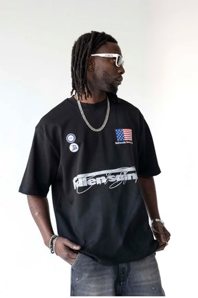 BLACK ISLAND T-Shirt In Cotone Sfumata Cropped Con Stampa America Nero