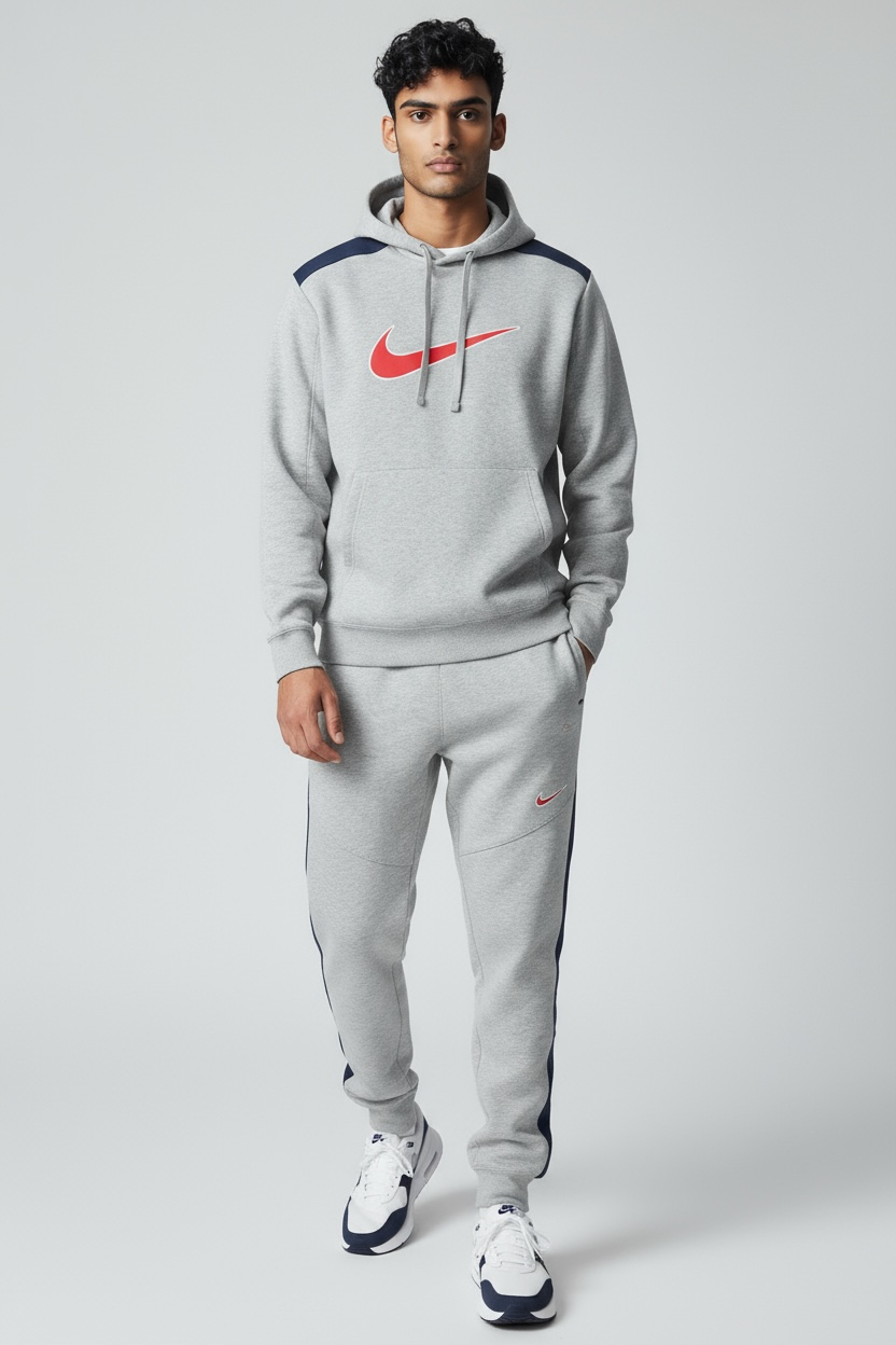 NIKE Tuta Completa Felpata Con Logo Centrale e Bande laterali Grigia/Rossa/Blu