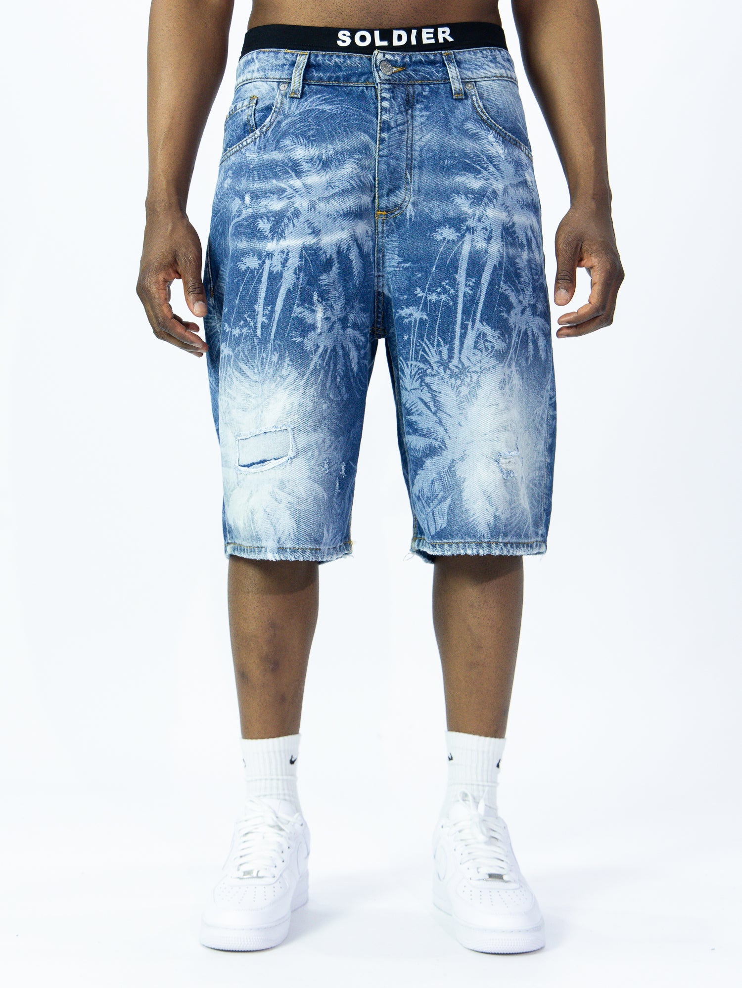 SOLDIER Bermuda Jorts Jeans In Denim Con Ologramma Palme Denim Chiaro