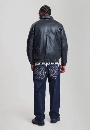 EH HARDY Jeans Baggy Con Patch Ragnatela e Stampa Retro Lavaggio Denim Blu Scuro