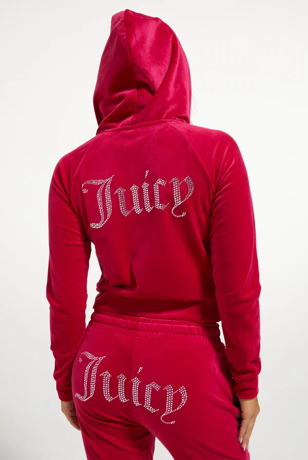 JUICY COUTURE TUTA IN VELLUTO CON LOGO JUICY IN STRASS - ROSSO LAMPONE