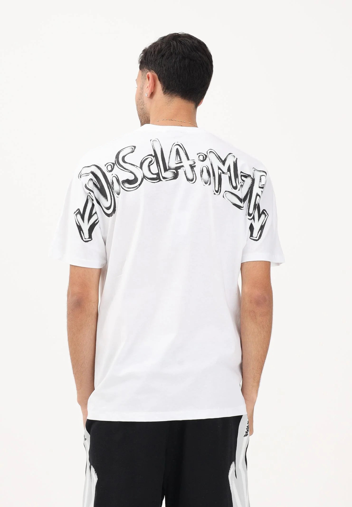 DISCLAIMER T-Shirt Con Logo Frontale e Stampa Retro Bianca/Nera
