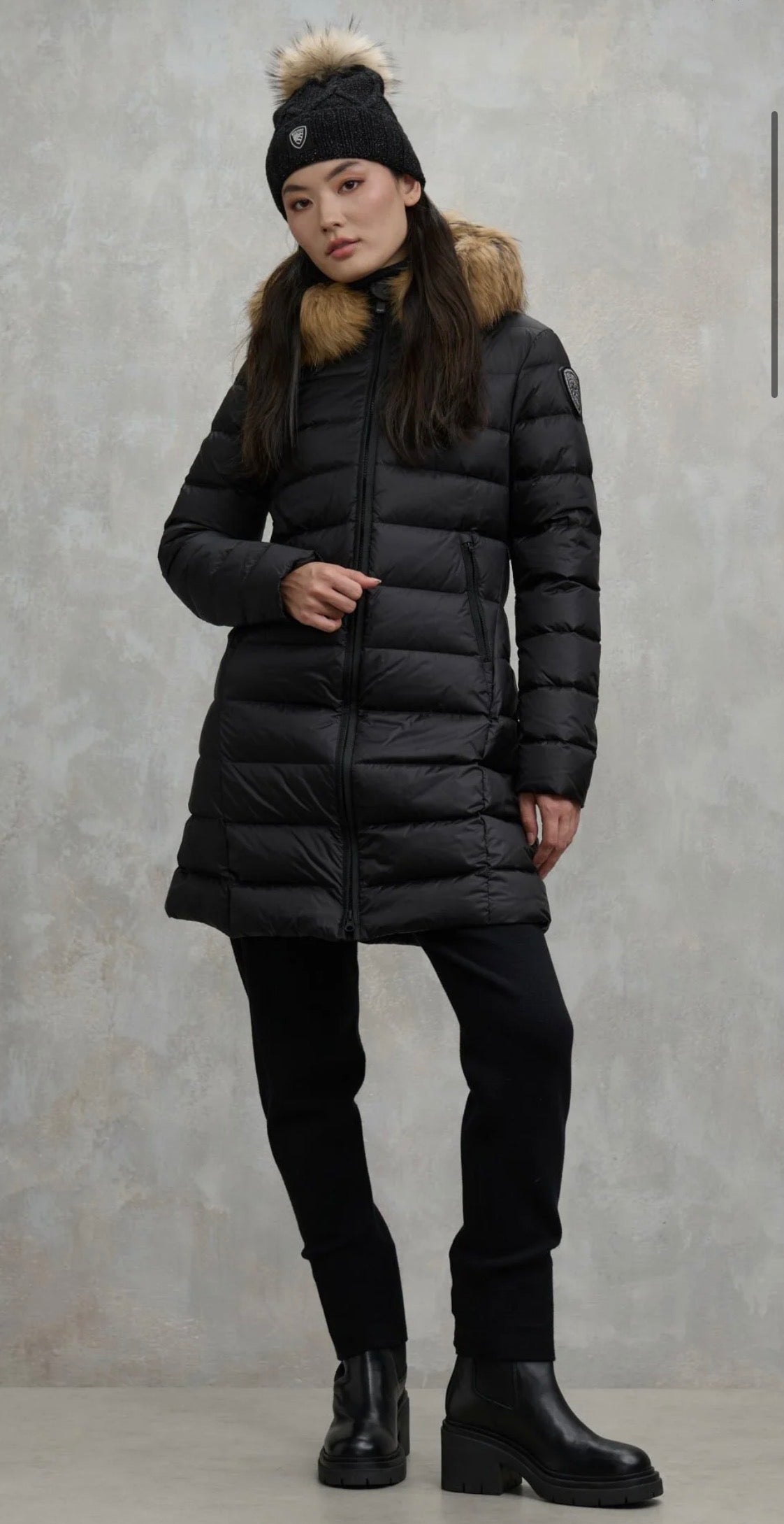 BLAUER Giubbotto Donna Piumino Invernale Fasciato Con Pelliccia Lungo Nero