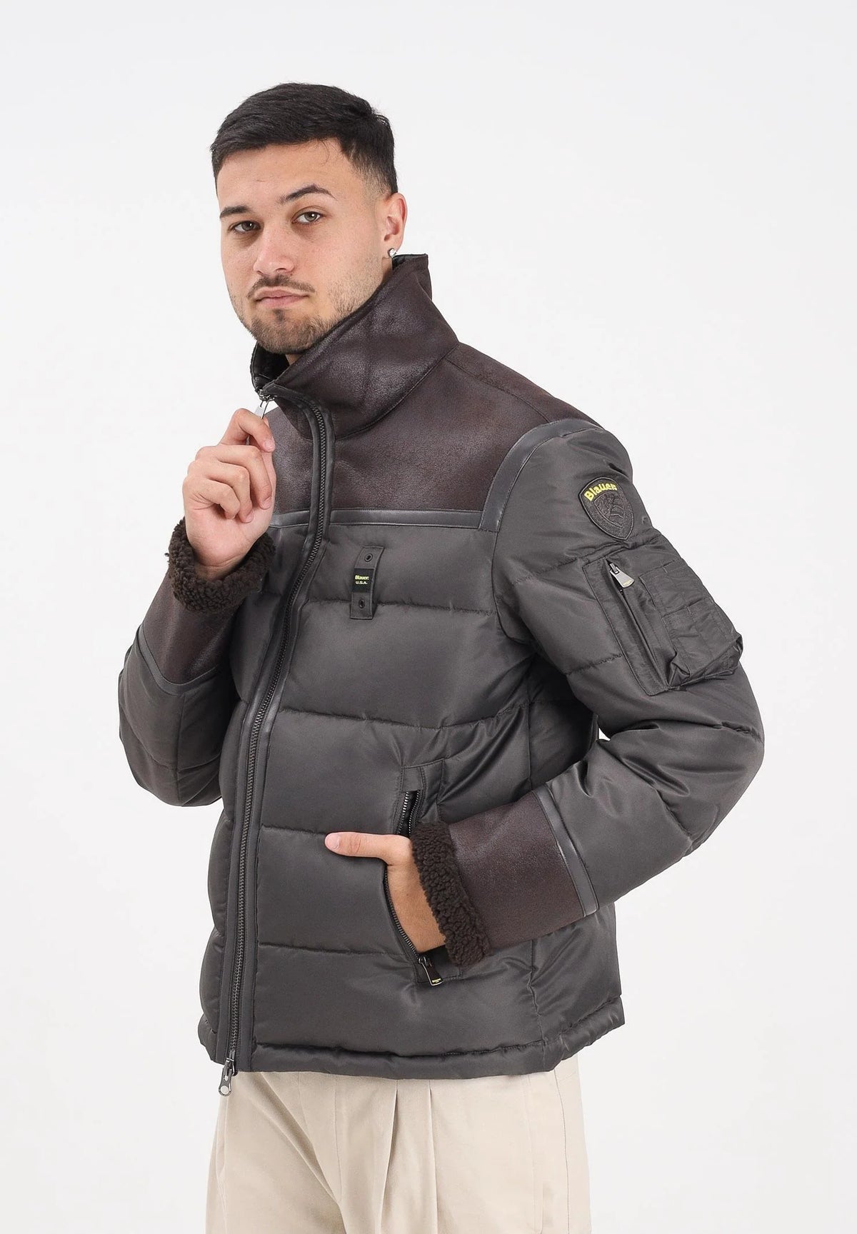 BLAUER Giubbotto Uomo Ovattato Invernale Metà Pelle Montone Metà Fasciato Nero