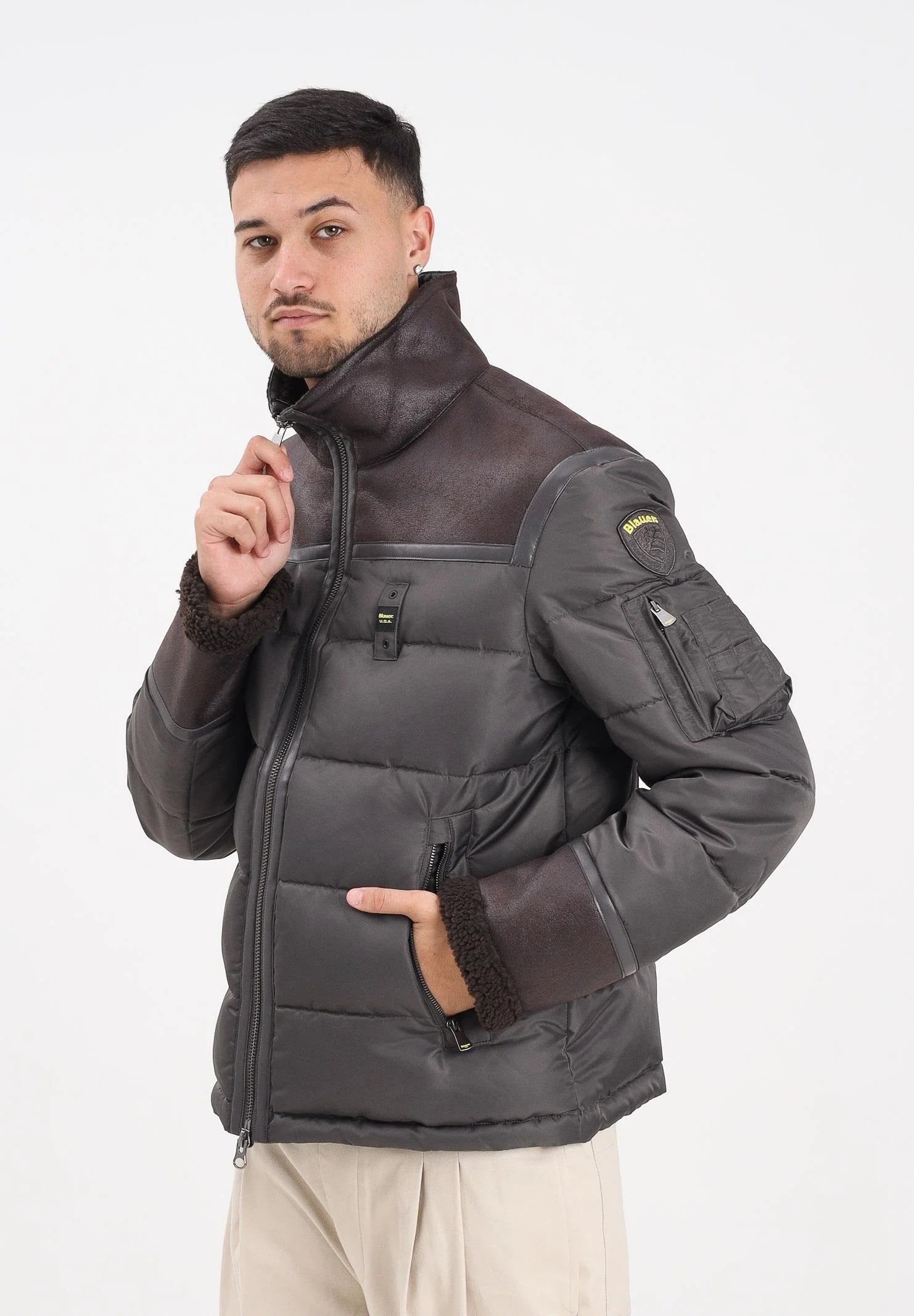 BLAUER Giubbotto Uomo Ovattato Invernale Metà Pelle Montone Metà Fasciato Nero