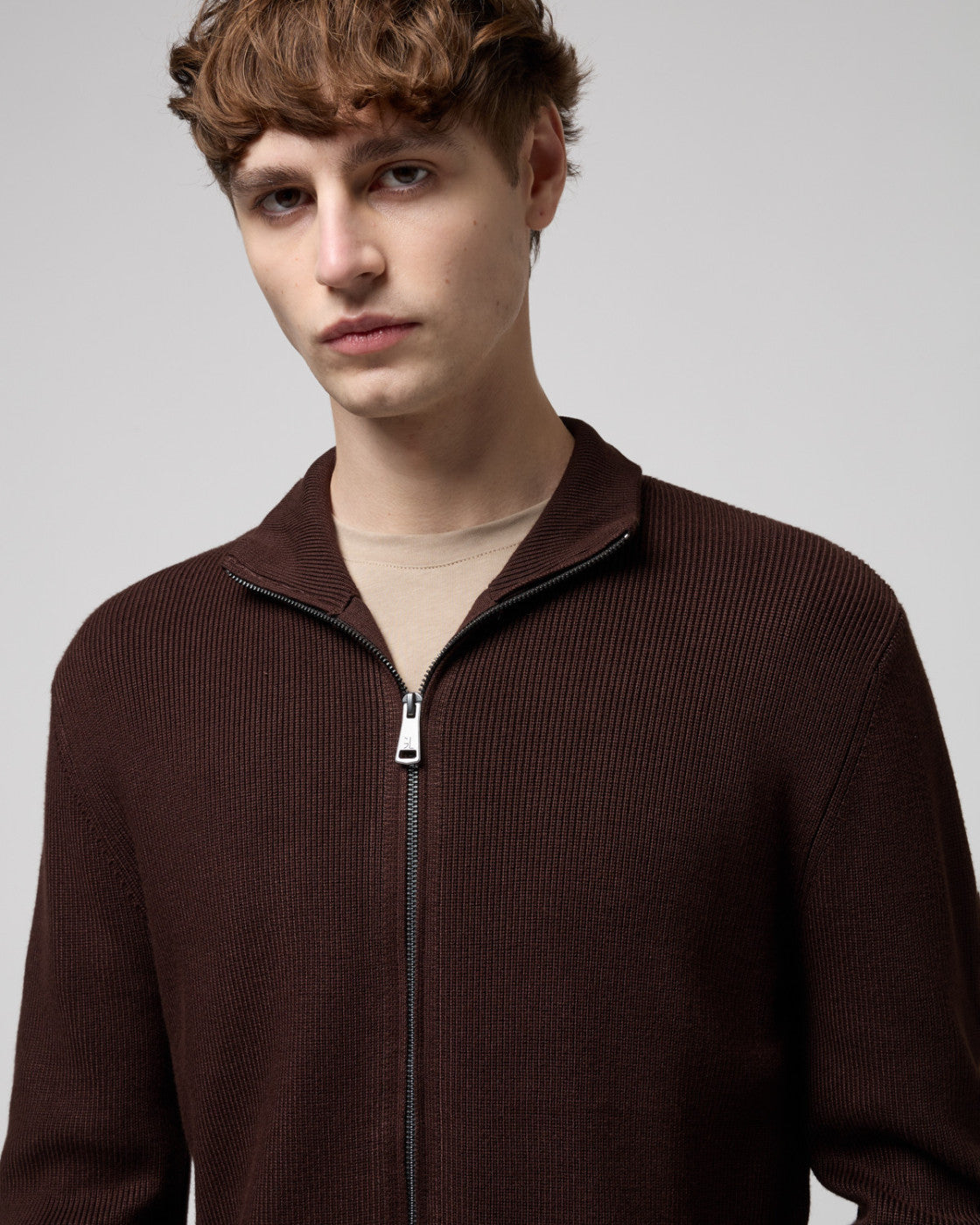 GIANNI LUPO Cardigan Con Collo a Imbuto e Zip Marrone