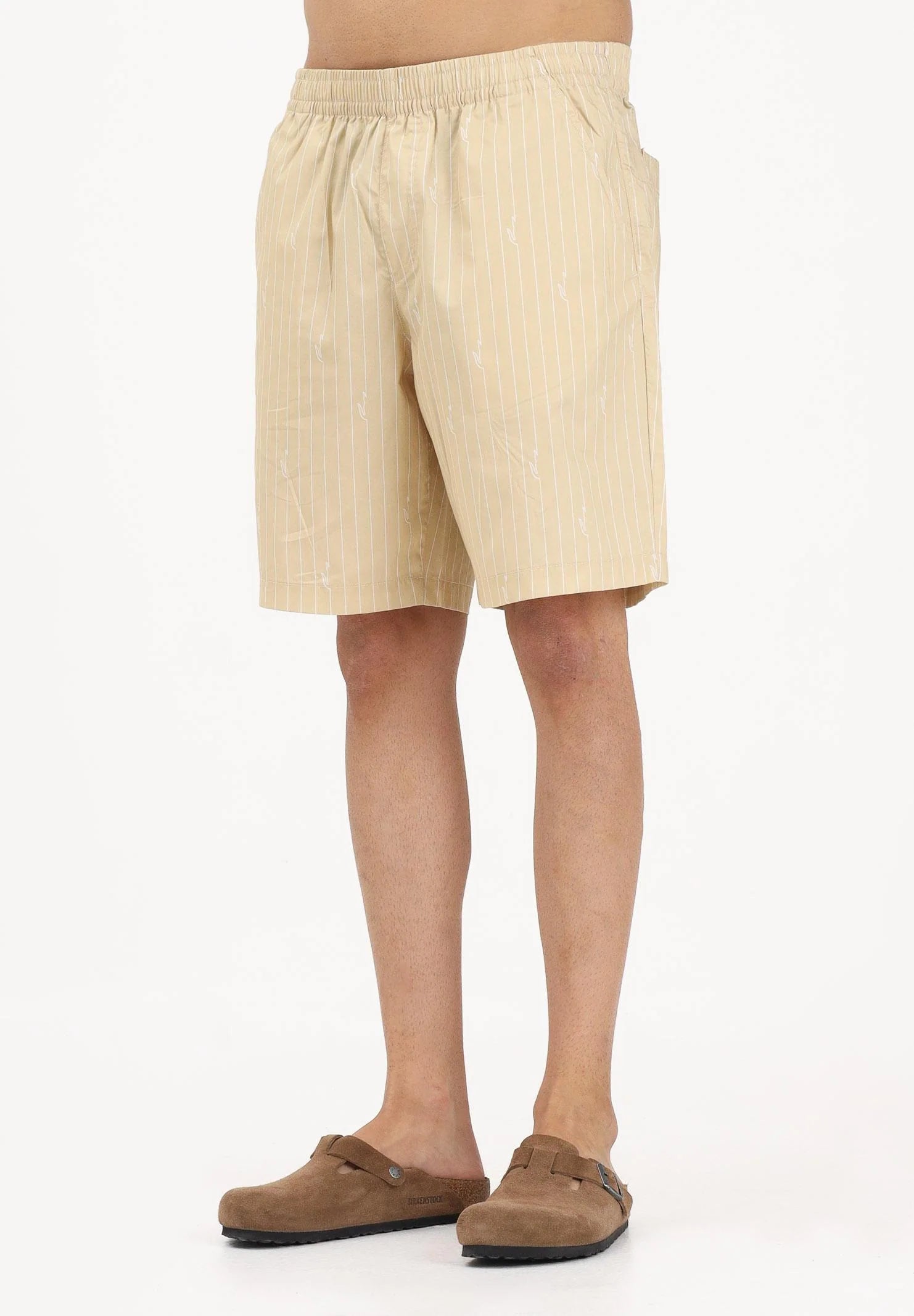 LACOSTE Coordinato Camicia Mezze Maniche e Pantaloncino Rigato Beige