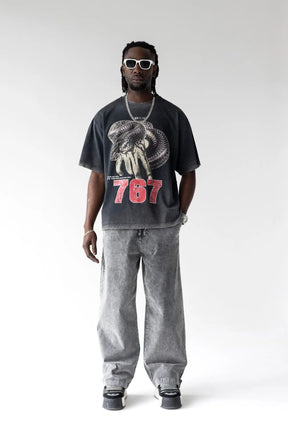 BLACK ISLAND T-Shirt In Cotone Sfumata Cropped Con Stampa Centale Nero Stone Wash