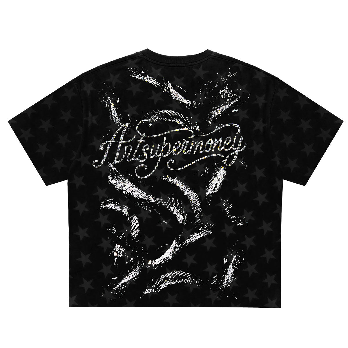 ART SUPER MONEY T-Shirt Meduza Con Stampa e Strass Fronte Retro Con Stampa Star Nera