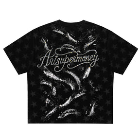 ART SUPER MONEY T-Shirt Meduza Con Stampa e Strass Fronte Retro Con Stampa Star Nera