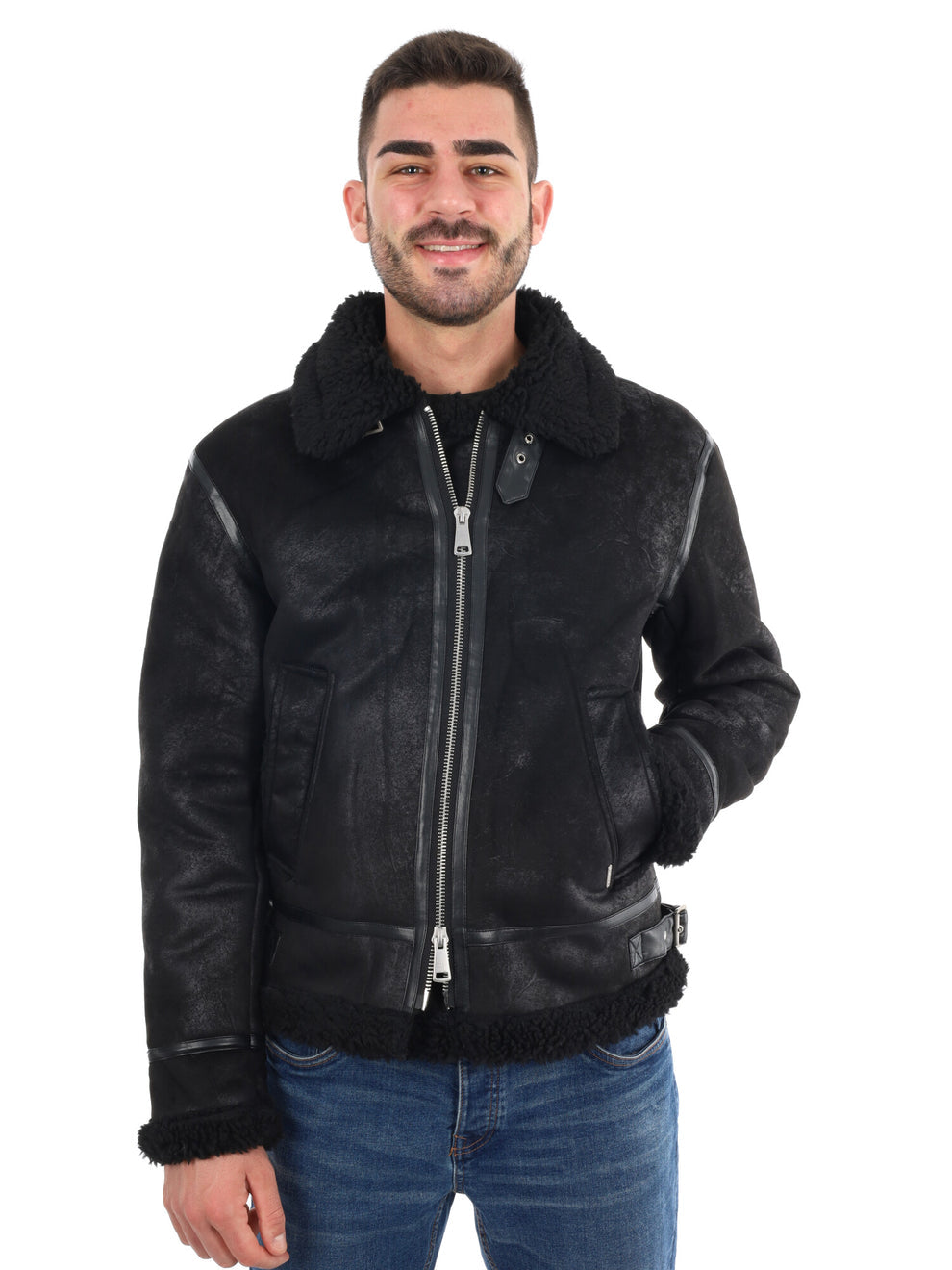 GIANNI LUPO Giacca In Ecopelle Con Pelliccia Sul Collo Nera