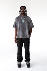 BLACK ISLAND T-Shirt In Cotone Grigia Sfumata Cropped Con Stampa Azzurra