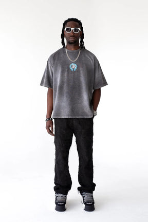 BLACK ISLAND T-Shirt In Cotone Grigia Sfumata Cropped Con Stampa Azzurra