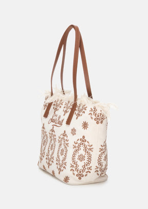SAINT BARTH Borsa City regular in Sangallo con Frange Panna Dettagli e Logo Ricamati Marrone