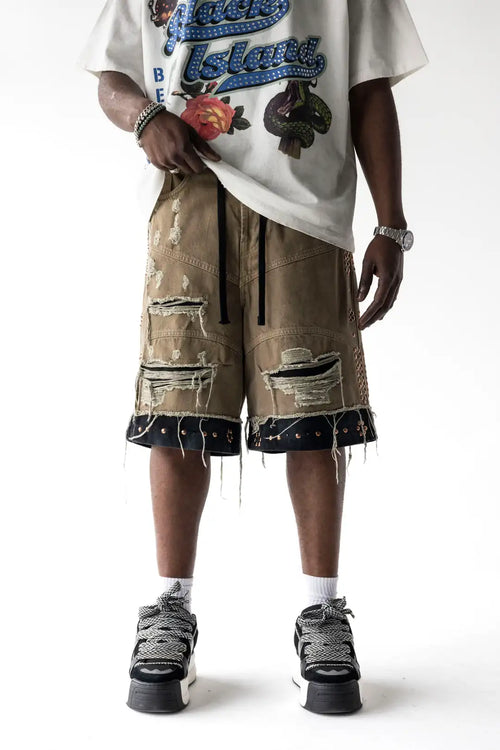 BLACK ISLAND Bermuda Jeans Jorts Con Borchie Beige