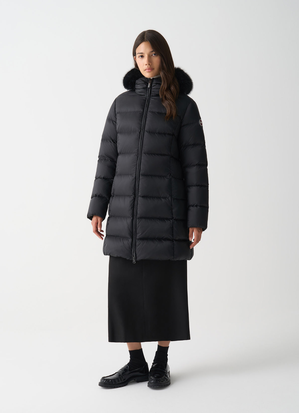 COLMAR DONNA GIUBBOTTO FASCIATO LUNGO CON PELLICCIA NERO OPACO