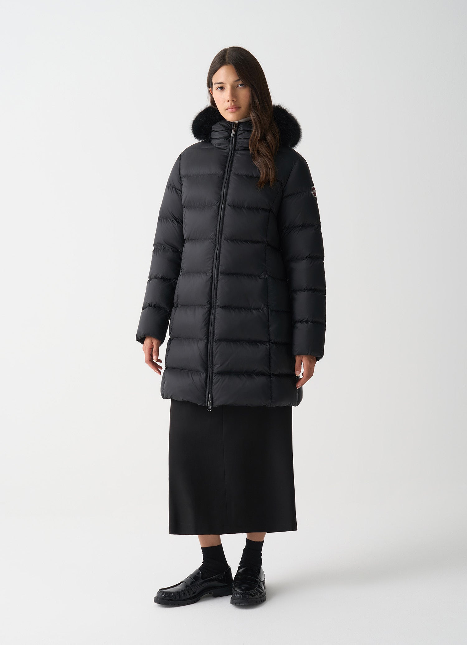 COLMAR DONNA GIUBBOTTO FASCIATO LUNGO CON PELLICCIA NERO OPACO