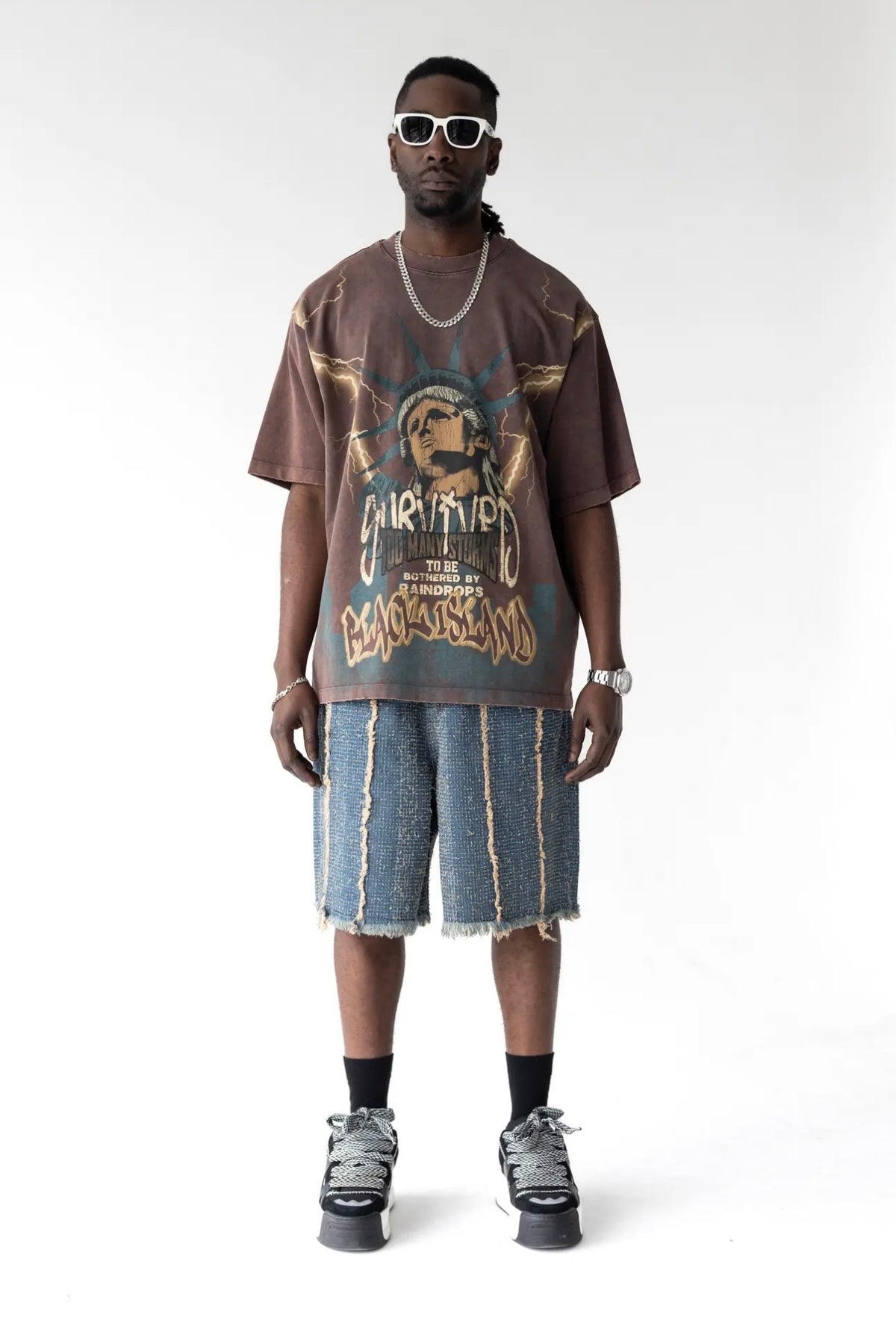 BLACK ISLAND T-Shirt In Cotone Sfumata Cropped Con Stampa Statua Della Libertà Marrone