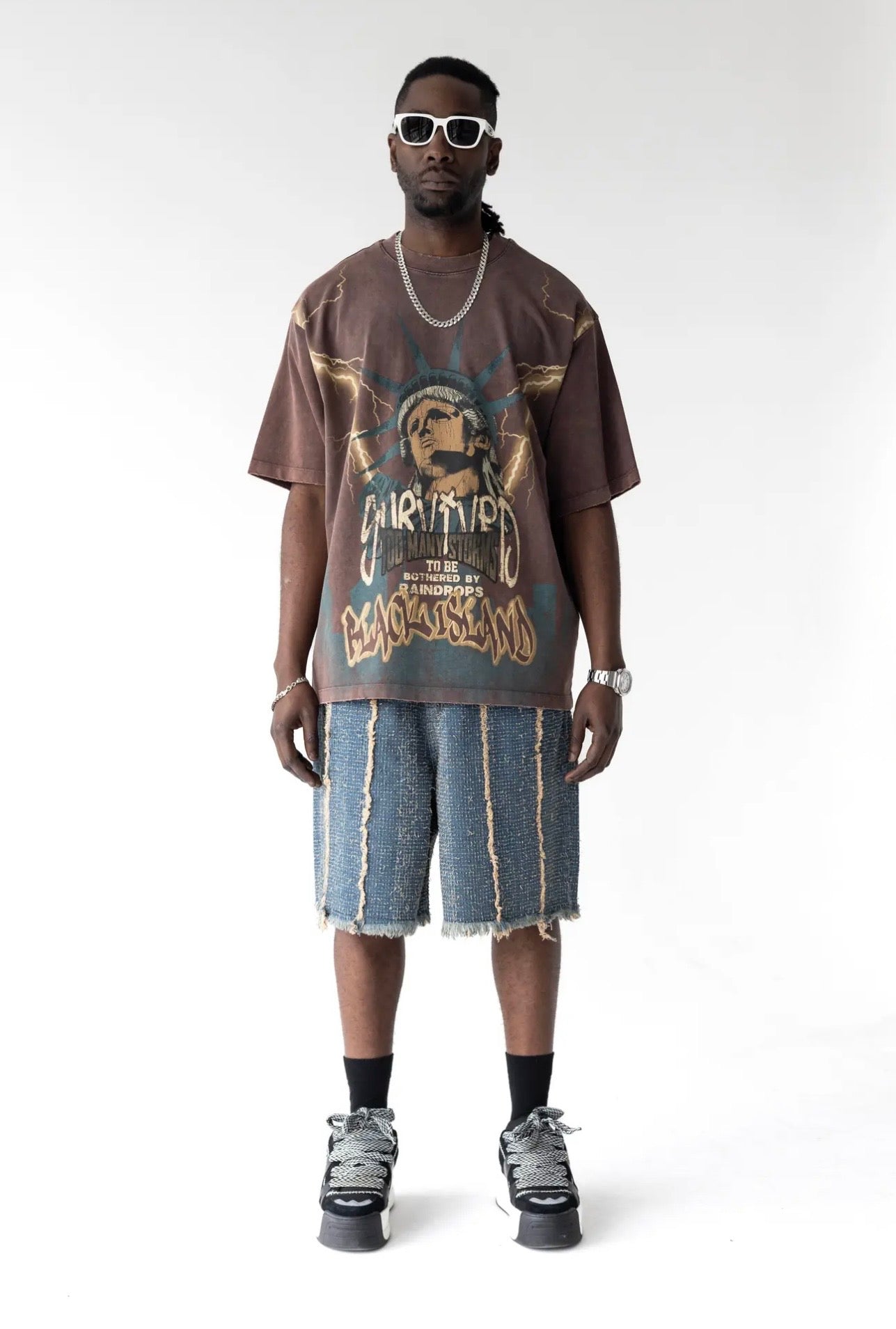 BLACK ISLAND T-Shirt In Cotone Sfumata Cropped Con Stampa Statua Della Libertà Marrone