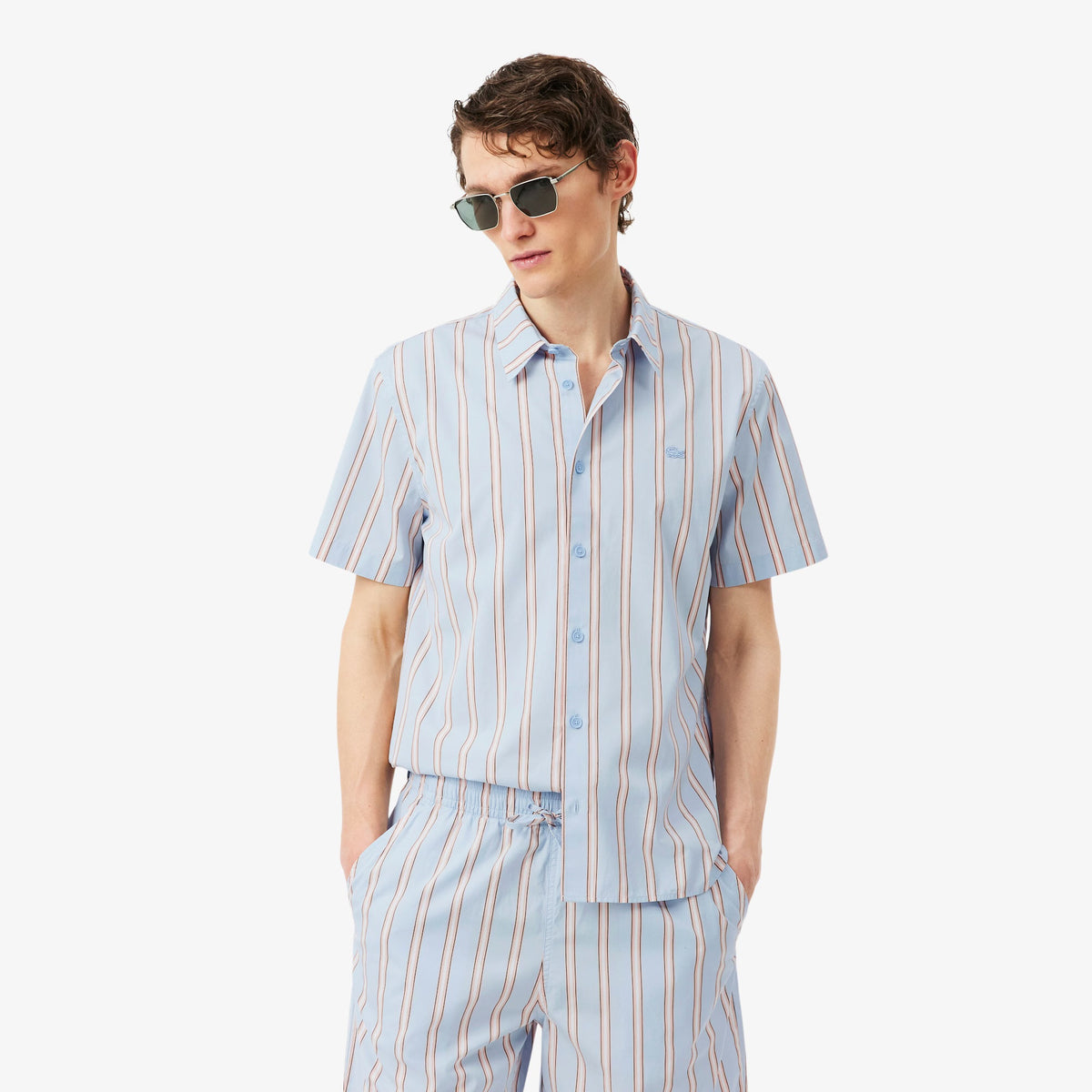 LACOSTE Coordinato Camicia Mezze Maniche e Pantaloncino Rigato Azzurro/Salmone