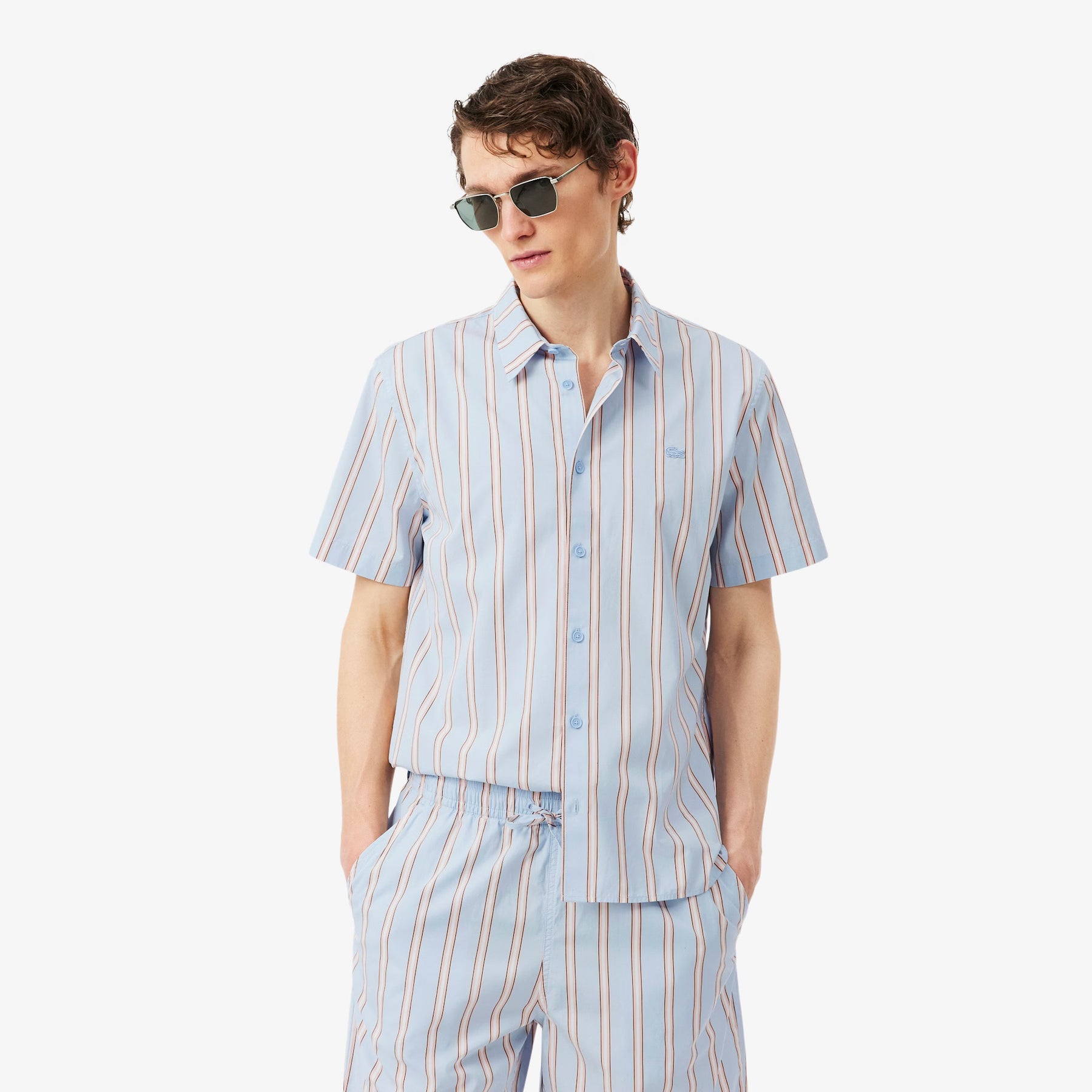 LACOSTE Coordinato Camicia Mezze Maniche e Pantaloncino Rigato Azzurro/Salmone
