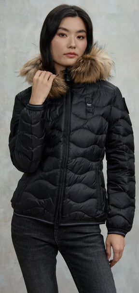 BLAUER Giubbotto Donna Piumino Invernale Ondulato Nero con Pelliccia
