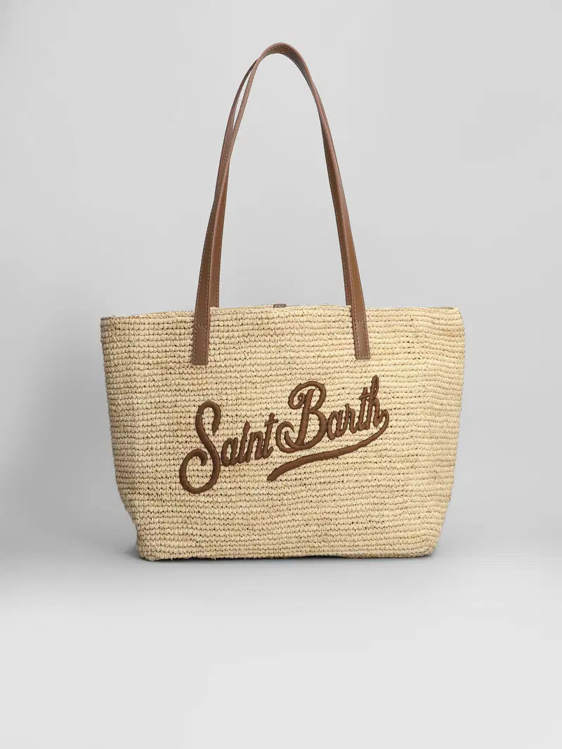 SAINT BARTH Borsa a Mano Raffia City Mid In Rafia Con Ricami Paglia