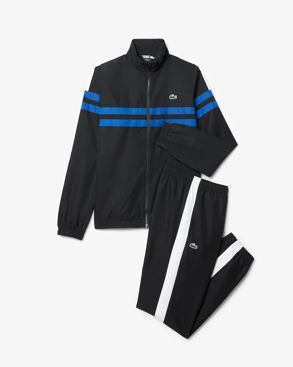LACOSTE Tuta Leggera In Microfibra Con Bande Centrali e Logo Fluo Sul Retro Nero/Blu