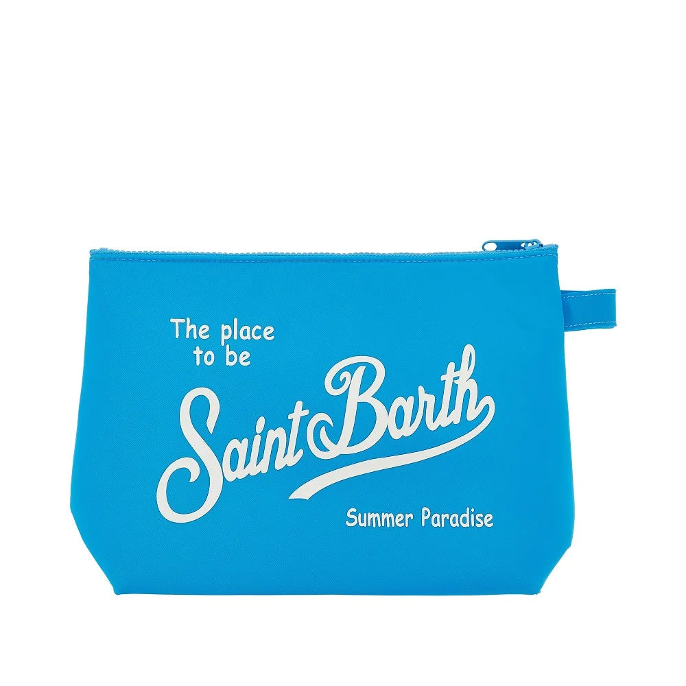SAINT BARTH Pochette Aline Canvas Azzurra Logo Ricamato Bianco