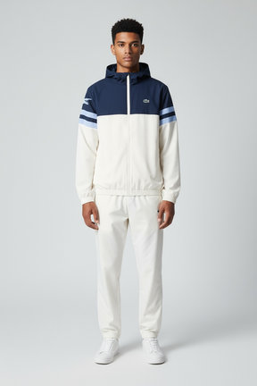 LACOSTE Tuta Leggera In Microfibra Con Cappuccio e Logo Laterale Spalla Bianca/Blu/Celeste