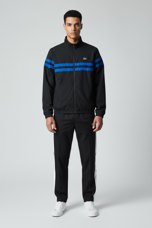 LACOSTE Tuta Leggera In Microfibra Con Bande Centrali e Logo Fluo Sul Retro Nero/Blu