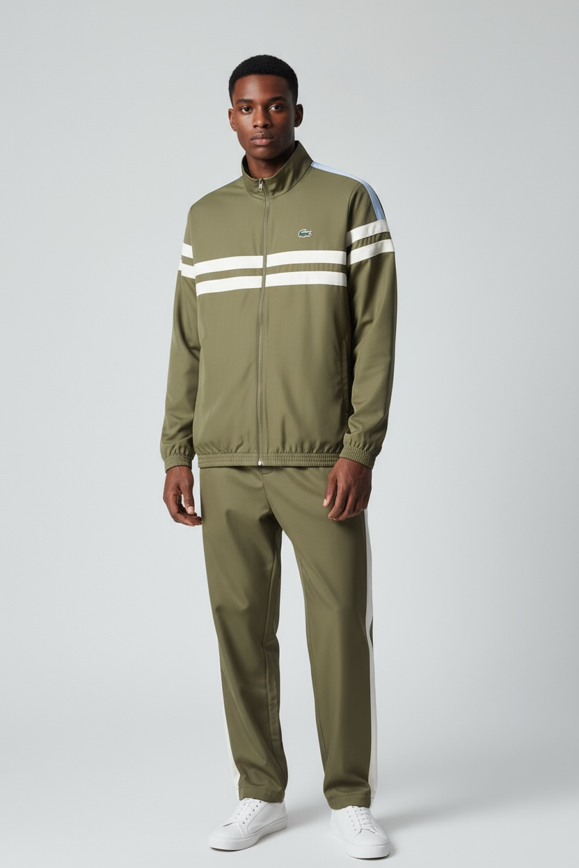 LACOSTE Tuta Leggera In Microfibra Con Bande Centrali e Logo Sul Retro Verde/Bianca