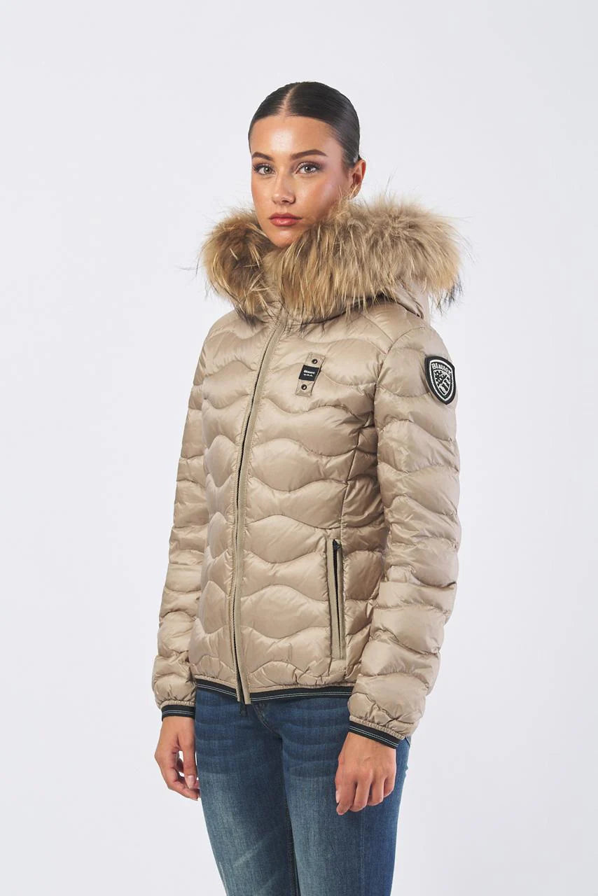 BLAUER Giubbotto Donna Piumino Invernale Ondulato Champagne con Pelliccia
