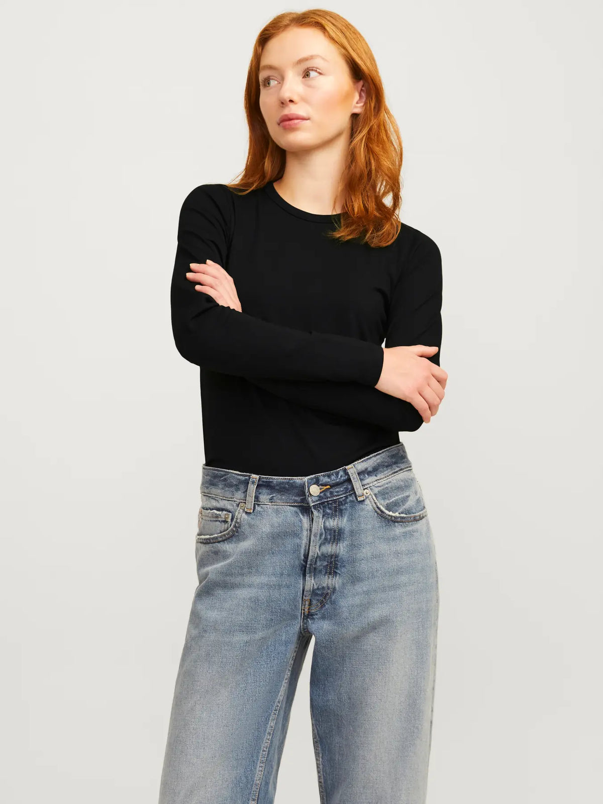 JJXX JXCELINE MAGLIETTA IN COTONE A MANICHE LUNGHE NERA DONNA