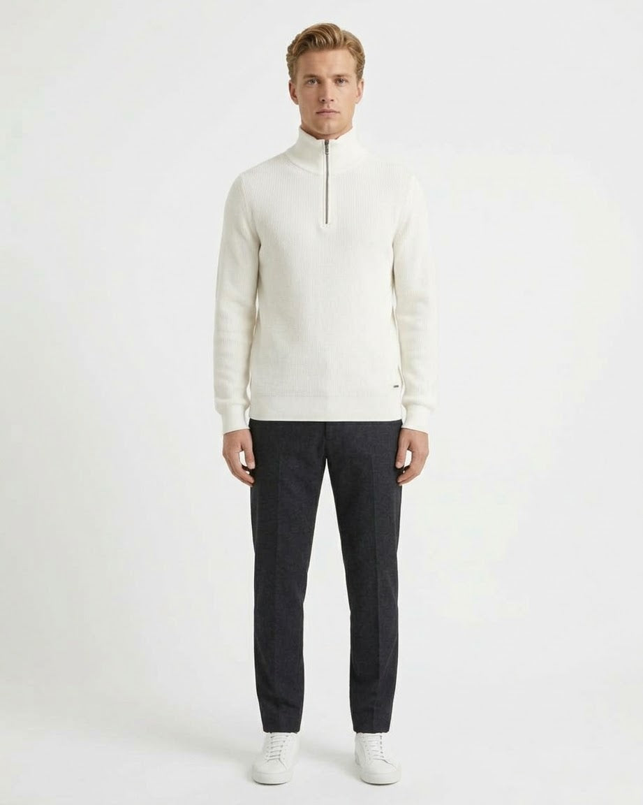 GIANNI LUPO Maglioncino Collo Alto Mezza Zip Panna
