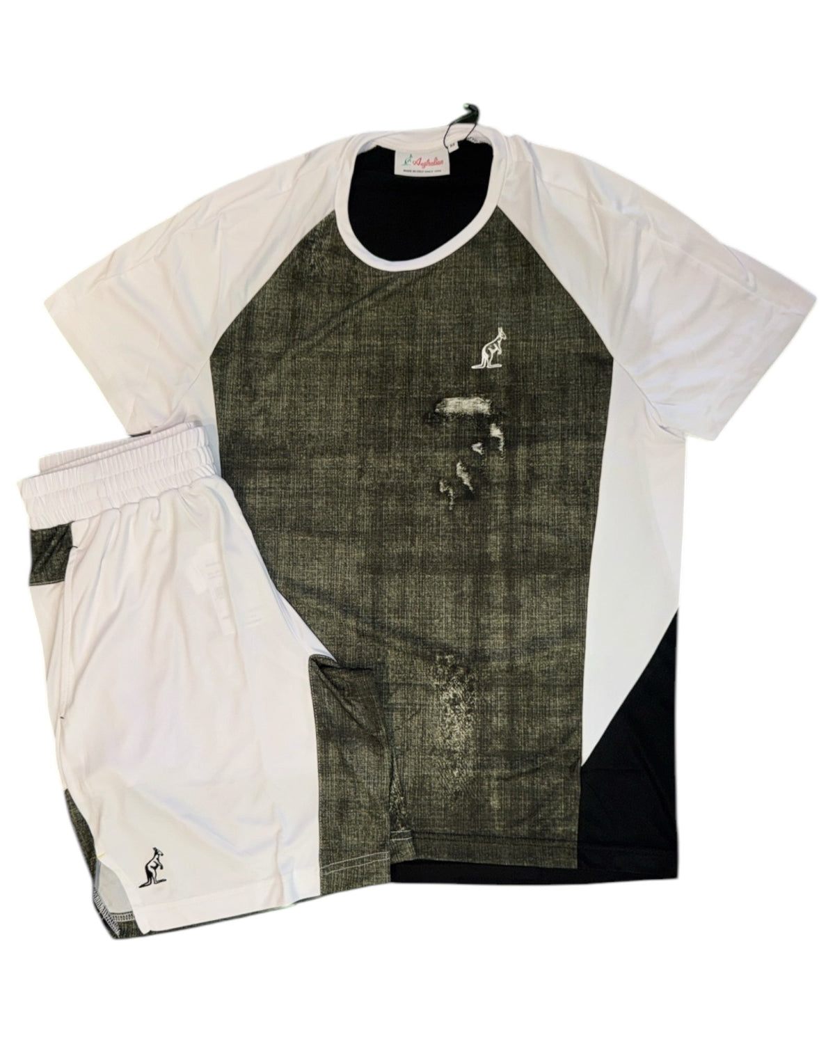 AUSTRALIAN Completino In Tessuto Tecnico Effetto Denim Rotto Con Bande Laterli su Pantaloncino Bianco e Verde