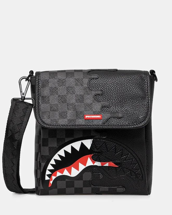 SPRAYGROUND  Tracolla In Pelle Doppia Grafica Logo Centrale Nero e Grigio