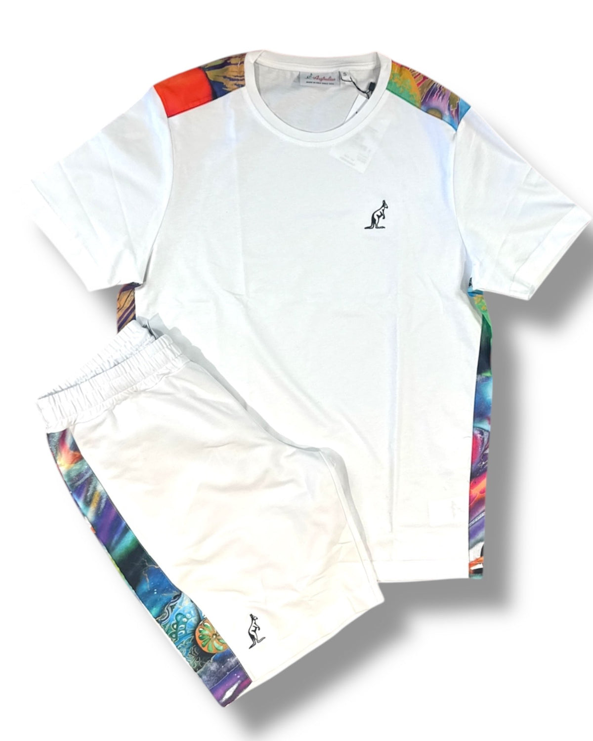 AUSTRALIAN Completino In Cotone Con Bande Universo Laterli su T-Shirt e Pantaloncino Bianco e Multicolor