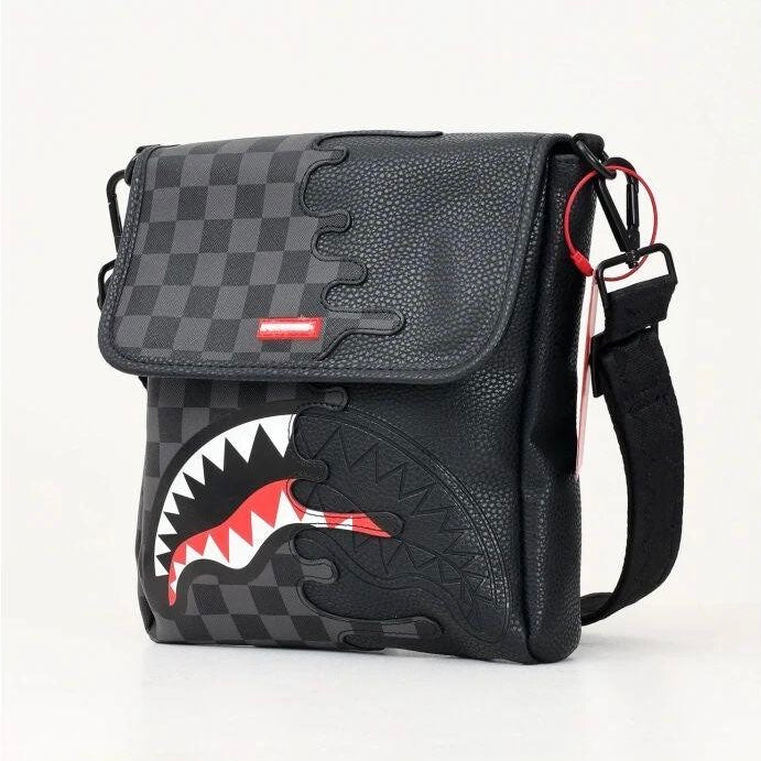SPRAYGROUND  Tracolla In Pelle Doppia Grafica Logo Centrale Nero e Grigio