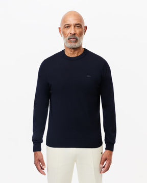 Pullover Lacoste Girocollo in lana merino blu logo tono su tono - Lacoste