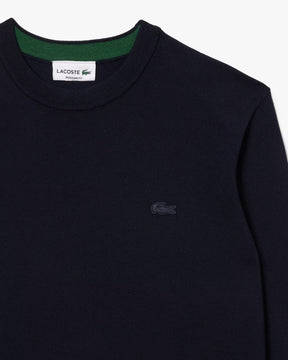 Pullover Lacoste Girocollo in lana merino blu logo tono su tono - Lacoste