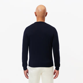 Pullover Lacoste Girocollo in lana merino blu logo tono su tono - Lacoste