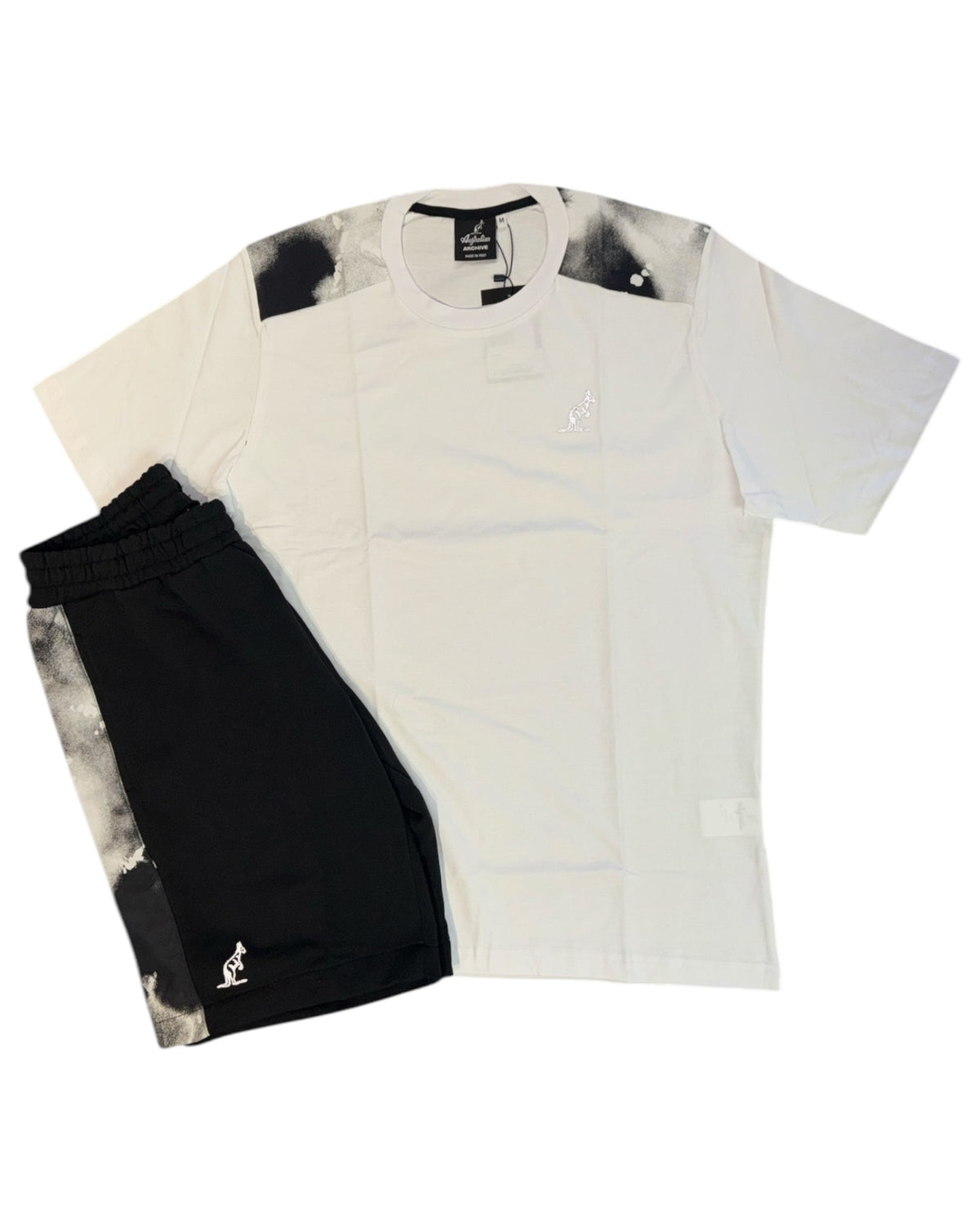 AUSTRALIAN Completino In Cotone Con Bande Laterli Fumé su T-Shirt e Pantaloncino Bianco eNero Banda Grigia
