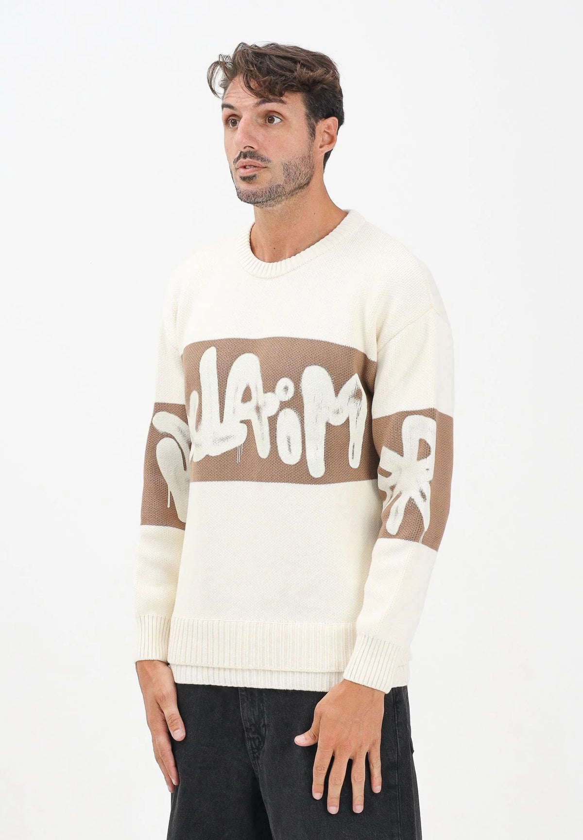 DISCLAIMER Maglioncino girocollo panna da uomo con logo 25IDS55201 LA DISCLAIMER