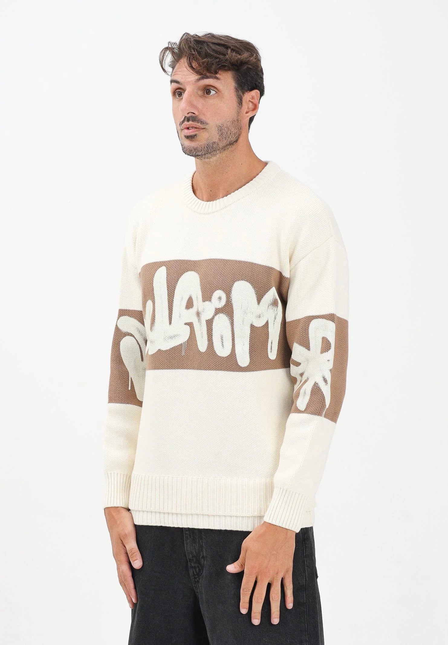 DISCLAIMER Maglioncino girocollo panna da uomo con logo 25IDS55201 LA DISCLAIMER