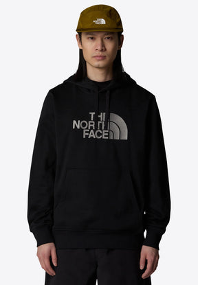 Felpa nera con cappuccio che presenta un grande logo grigio di The North Face sul petto, con tasca a marsupio frontale e cappuccio regolabile con cordino.