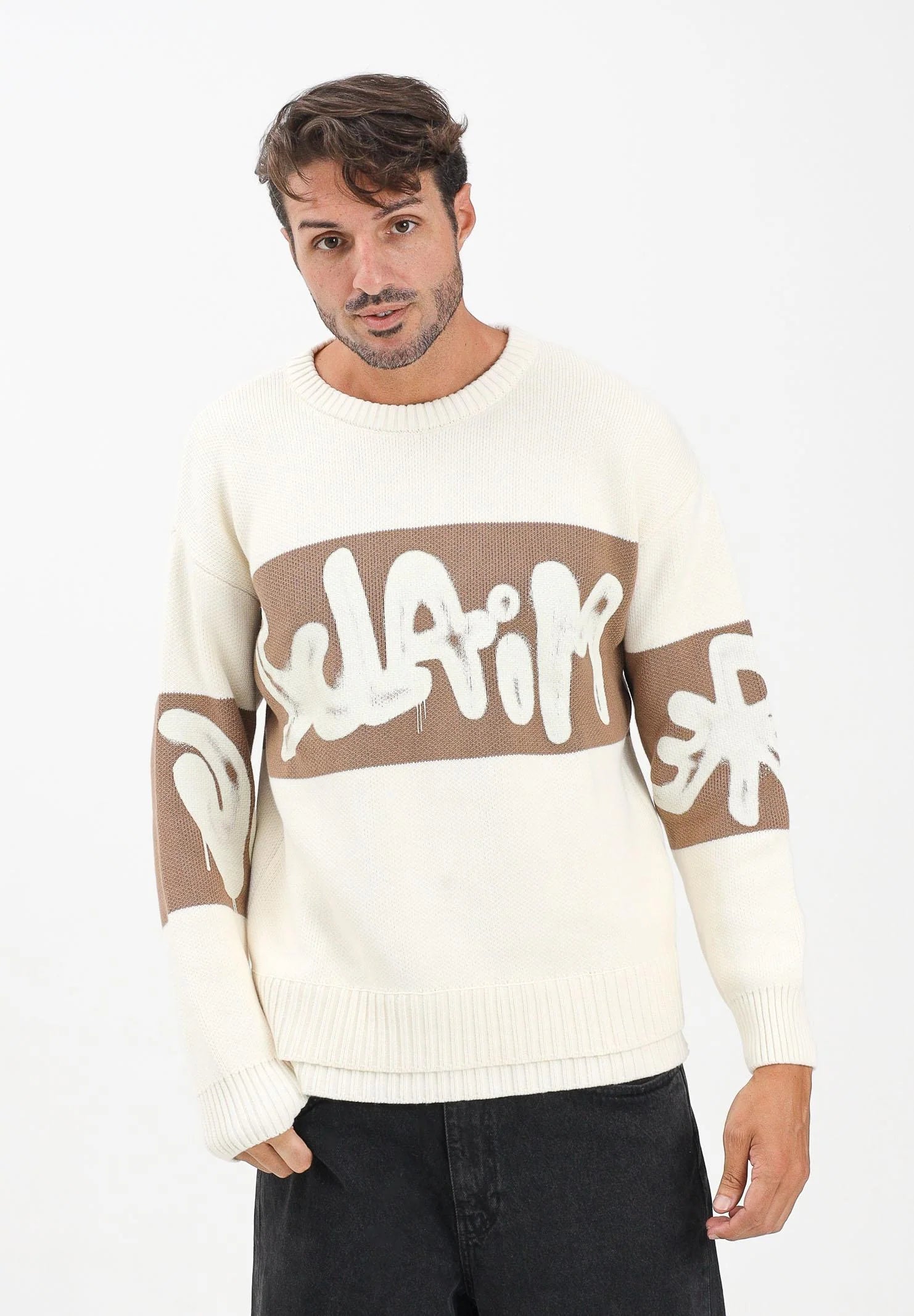 DISCLAIMER Maglioncino girocollo panna da uomo con logo 25IDS55201 LA DISCLAIMER