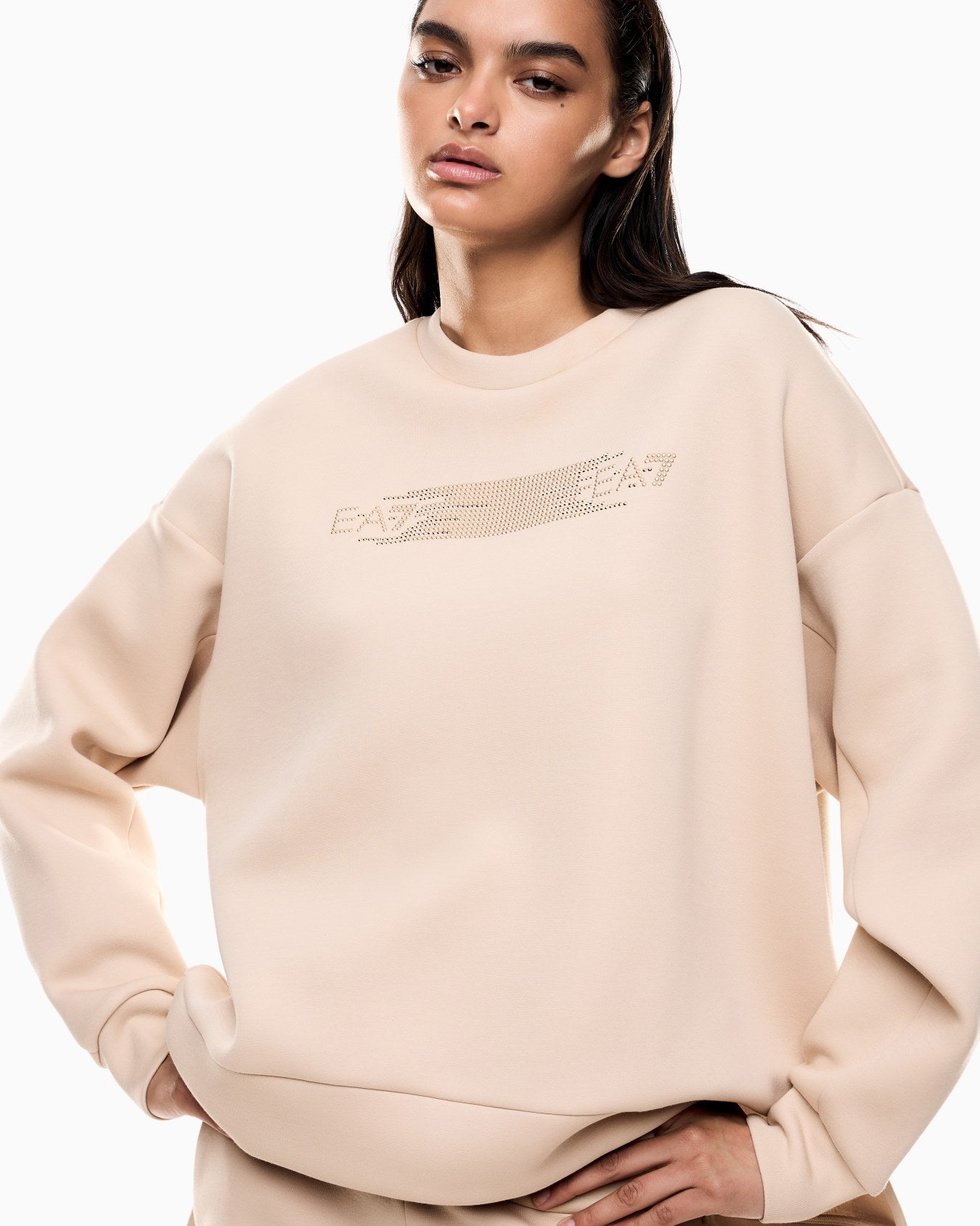 EMPORIO ARMANI DONNA TUTA LOGO SERIES IN INTERLOCK DI COTONE BEIGE